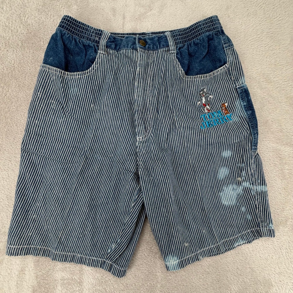 Vintage Tom & Jerry Mens XL Blue Hickory Stripe Denim Shorts Preowned Stains